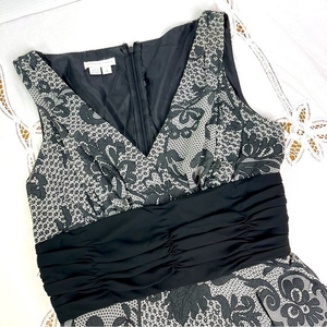 Vintage London Times Fit & Flare MIDI Dress Black &‎ Grey V Neck Sleeveless Sz.4